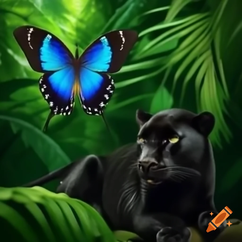 Tropical rainforest with blue Morpho butterfly and black panther