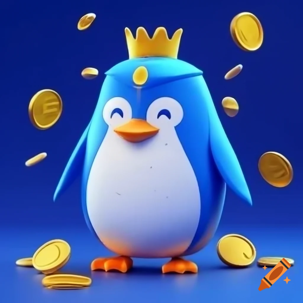 Happy blue king penguin engaging in cryptocurrency activities on Craiyon