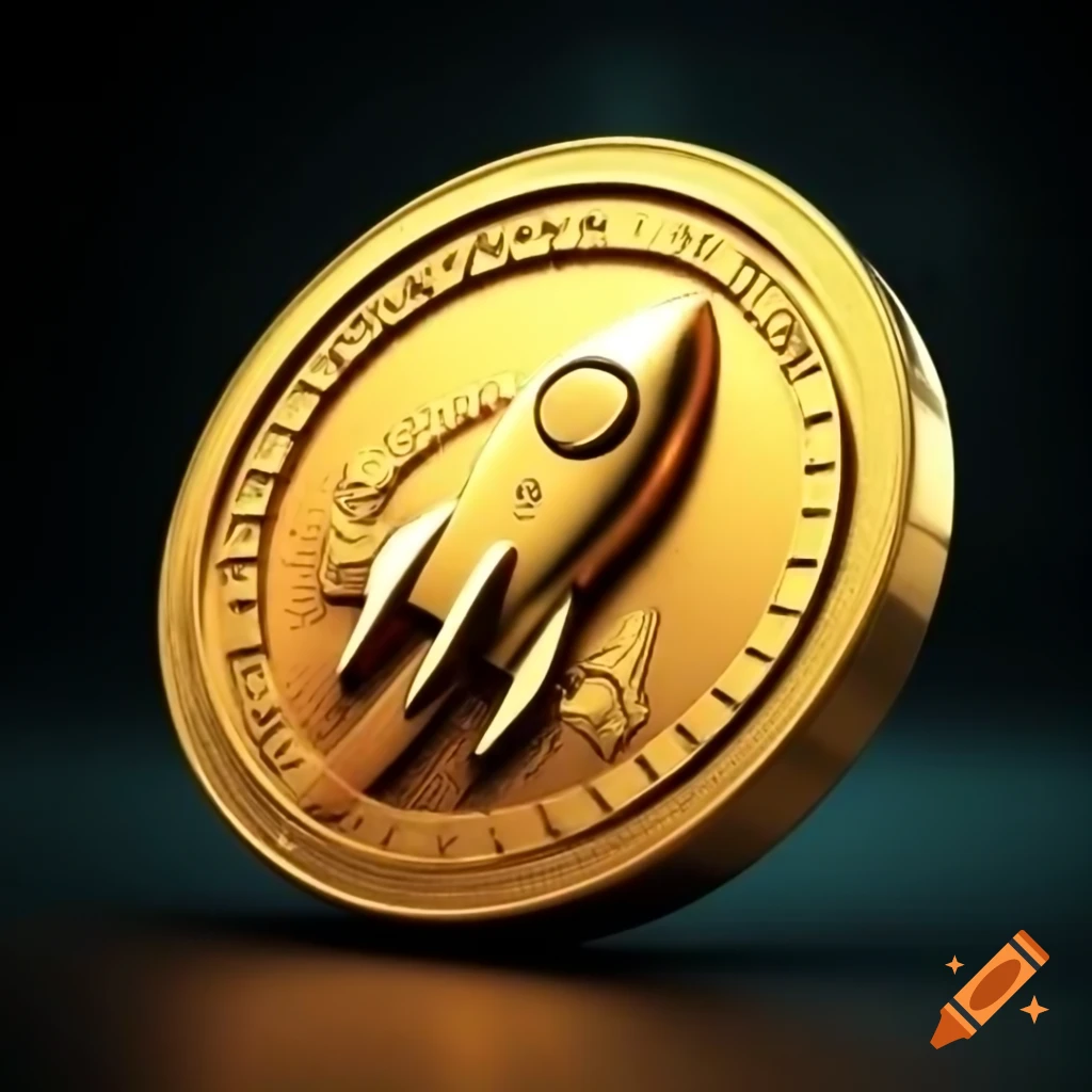 Metallic gold coin featuring a rocket design, crypto style on Craiyon
