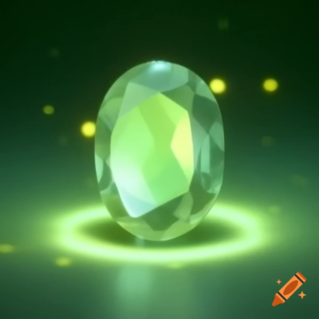 Light green oval gem with yellow glow and soft yellow-green light