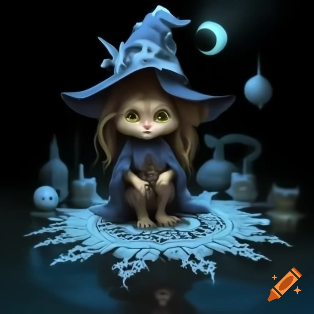 Small cat-headed witch on intricate azure lace doily atop reflective mercury tabletop