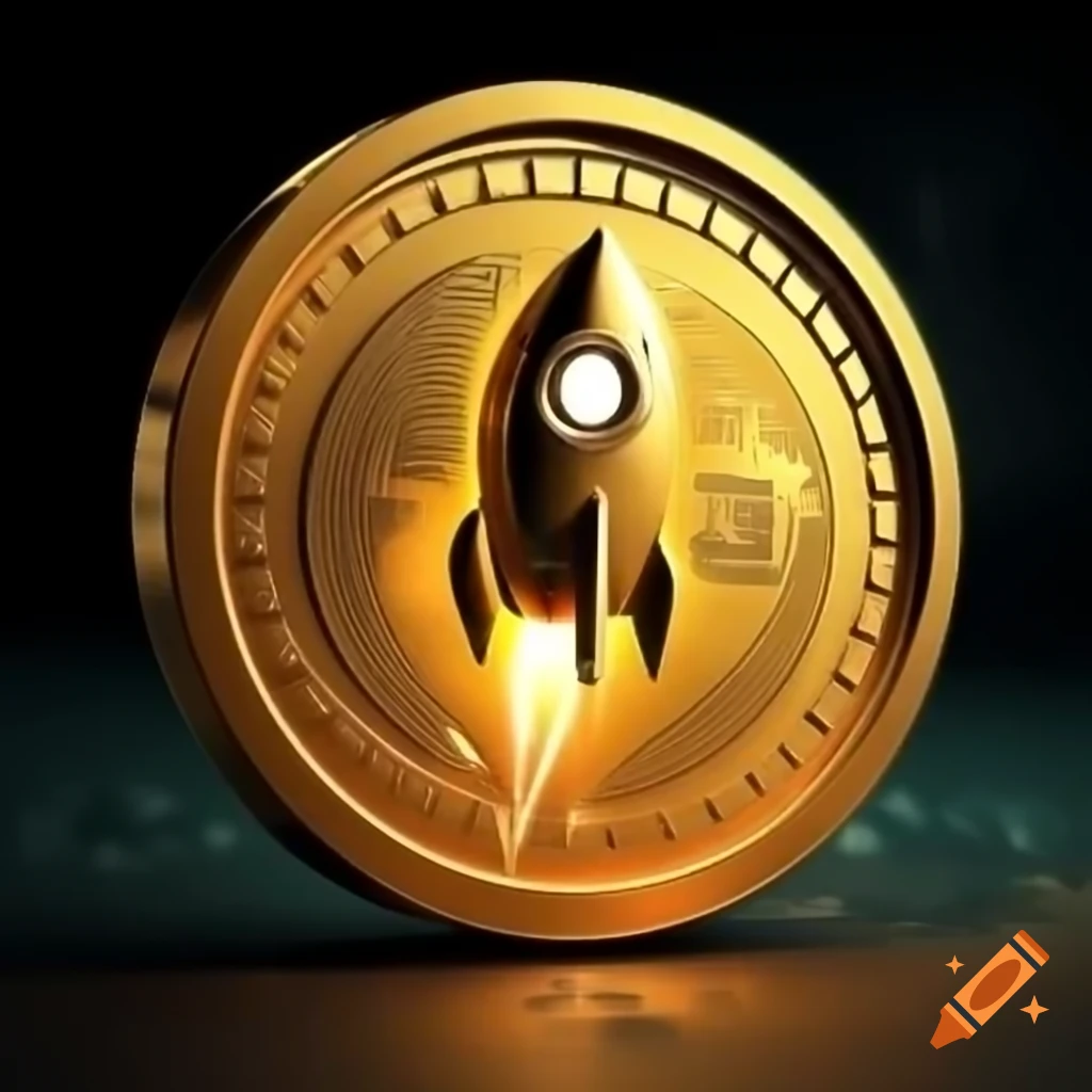 Metallic gold cryptocurrency coin featuring a rocket design on Craiyon