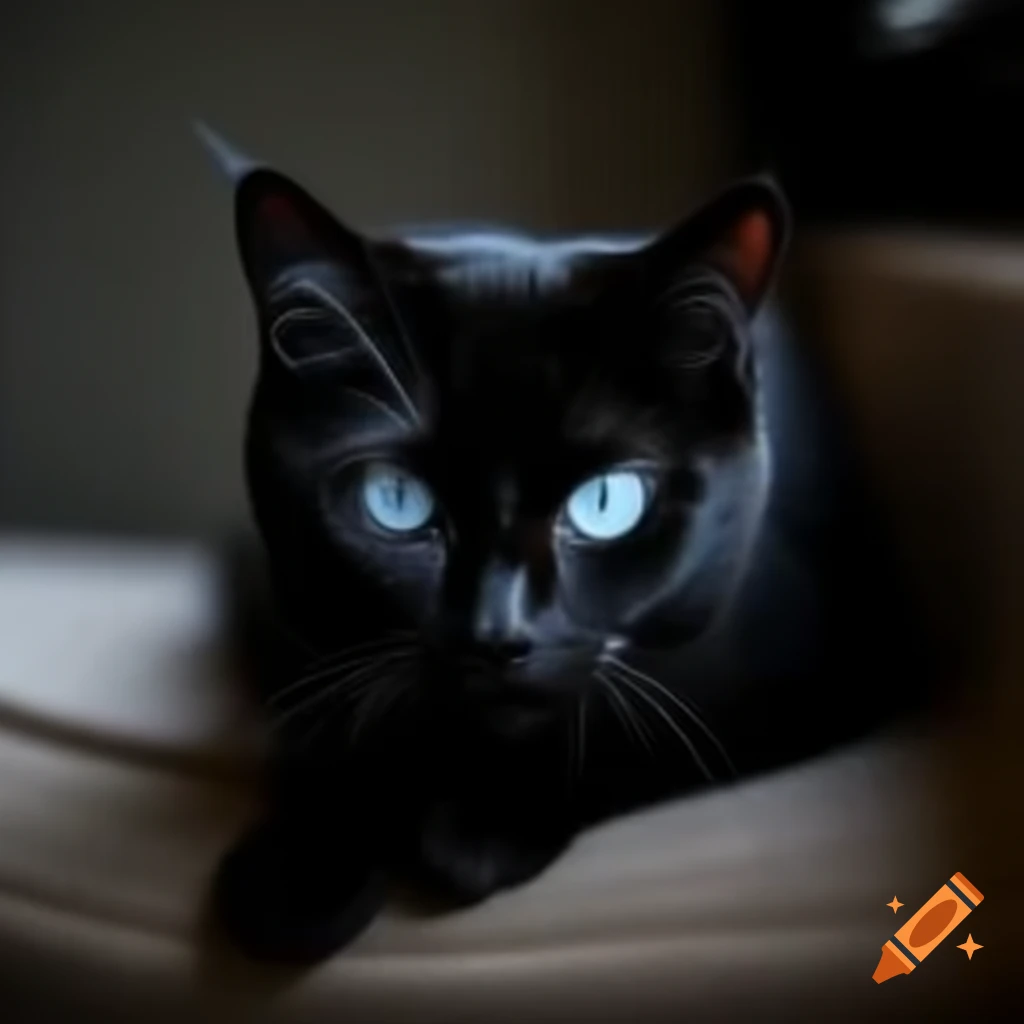 Black thin cat with blue eyes sitting on grass on Craiyon