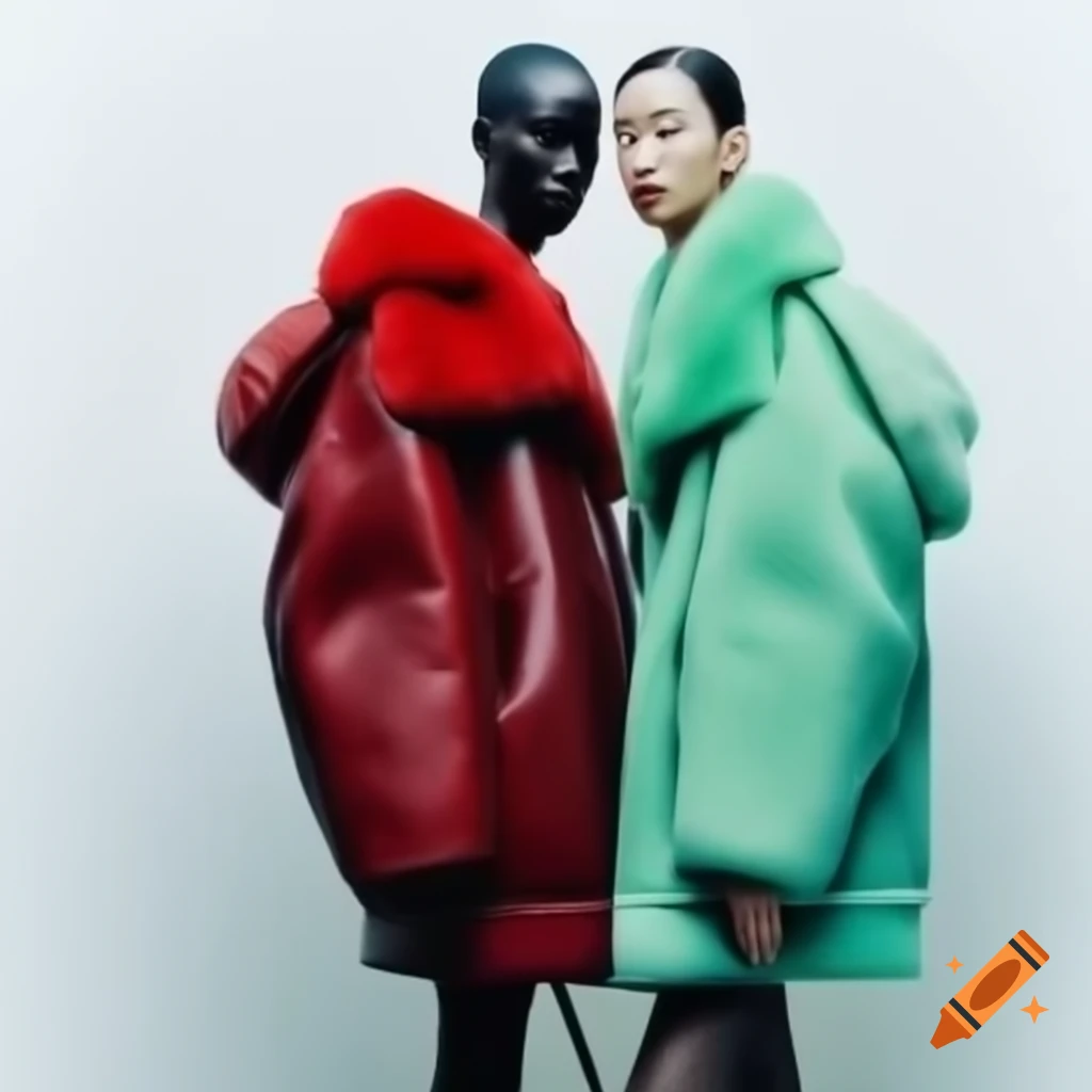Minimalistic dark red leather bomber jacket with mint green fur collar on female model