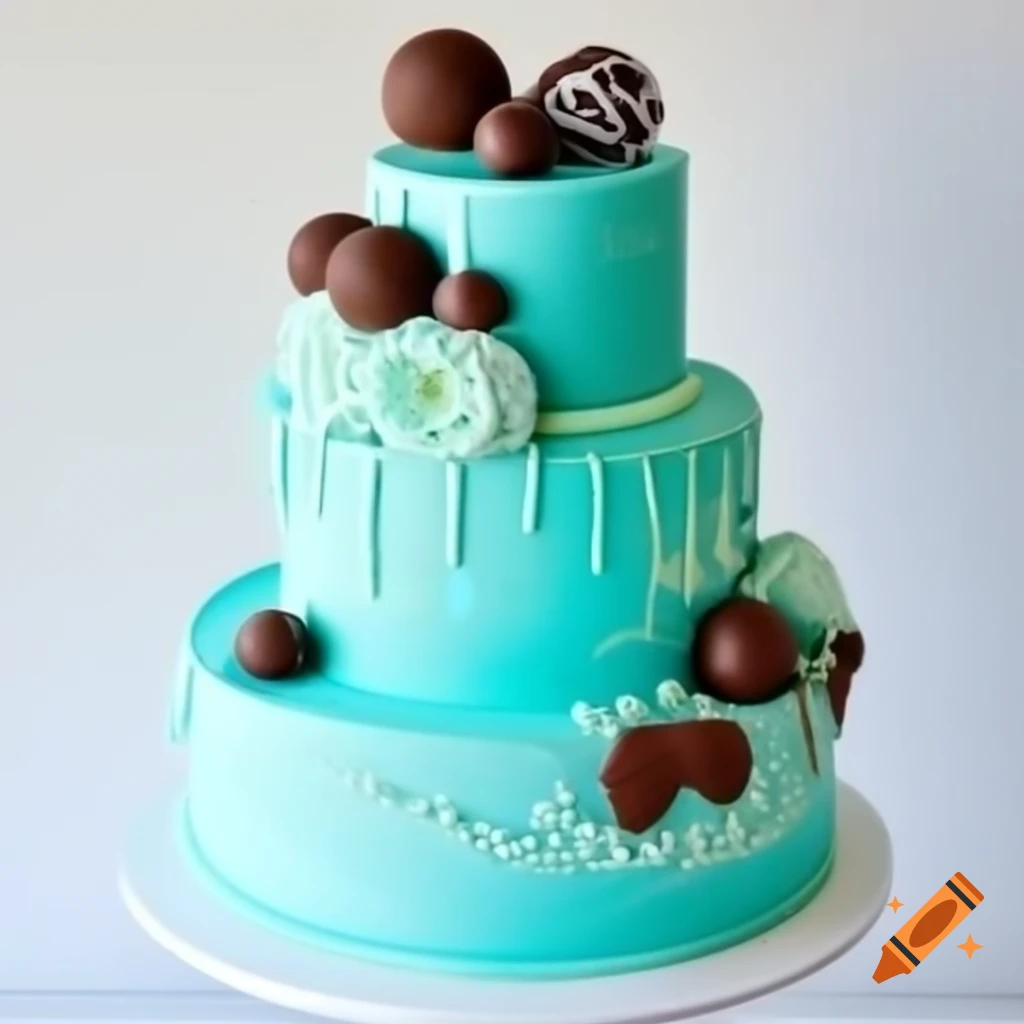 Four tier turquoise blue birthday cake decorated with chocolate and balls, inscribed with 'Happy Birthday my Sister Elvira'