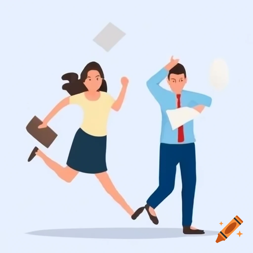 Stressed office workers with flying papers and colleague running by