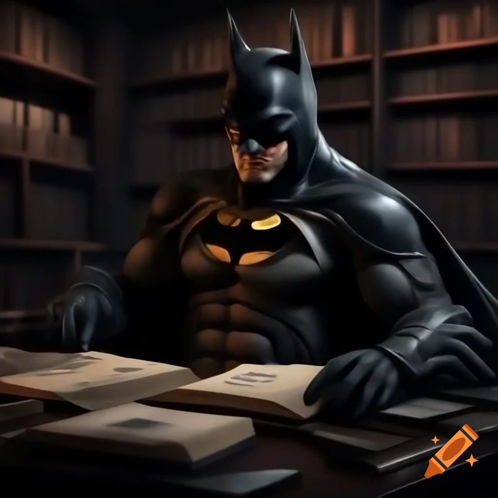 Batman-like figure in gothic-style study, wearing black armored suit on ...