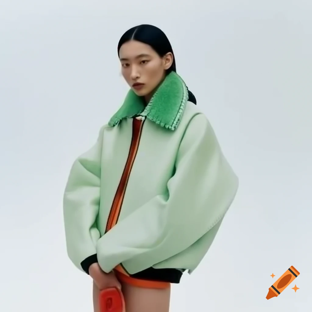 Pomegranate leather bomber jacket with mint green fur collar on female model