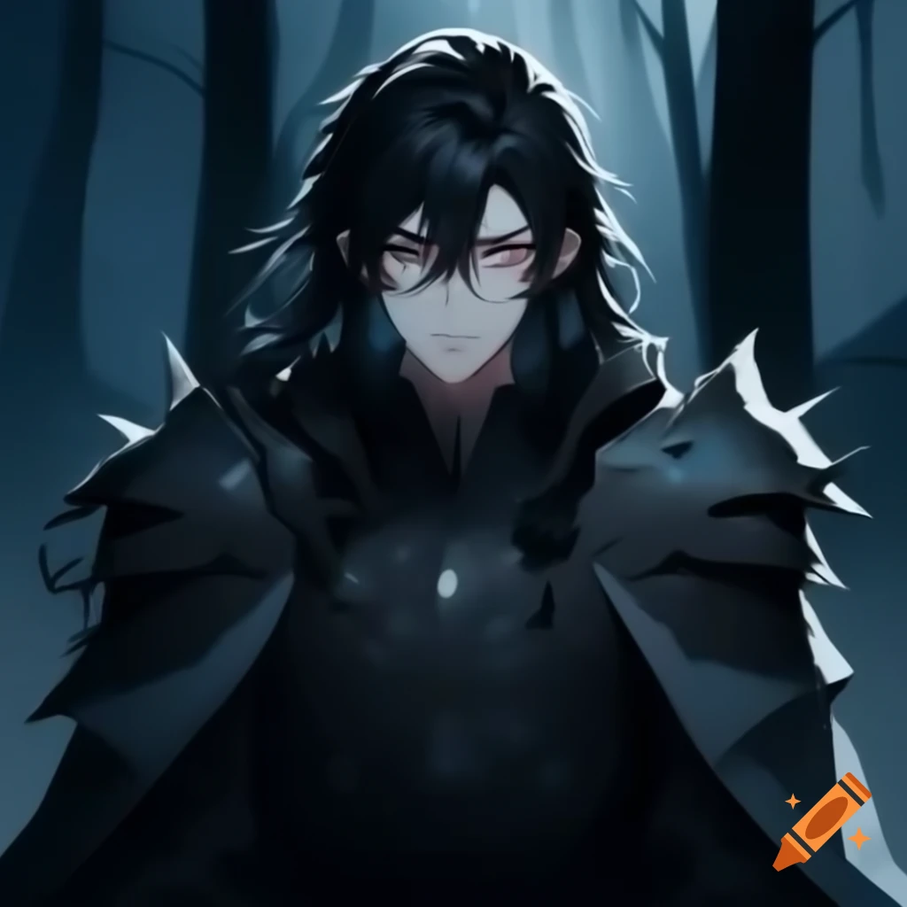 Anime character male, 24, in dark fantasy armor with dragon patterns, long black hair