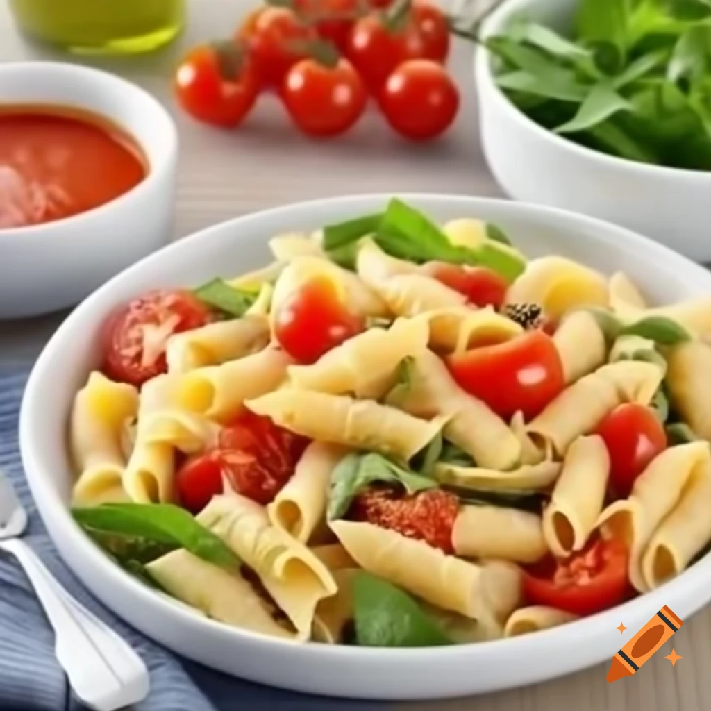 Whole-grain pasta salad with cherry tomatoes, arugula, olives, and Italian dressing