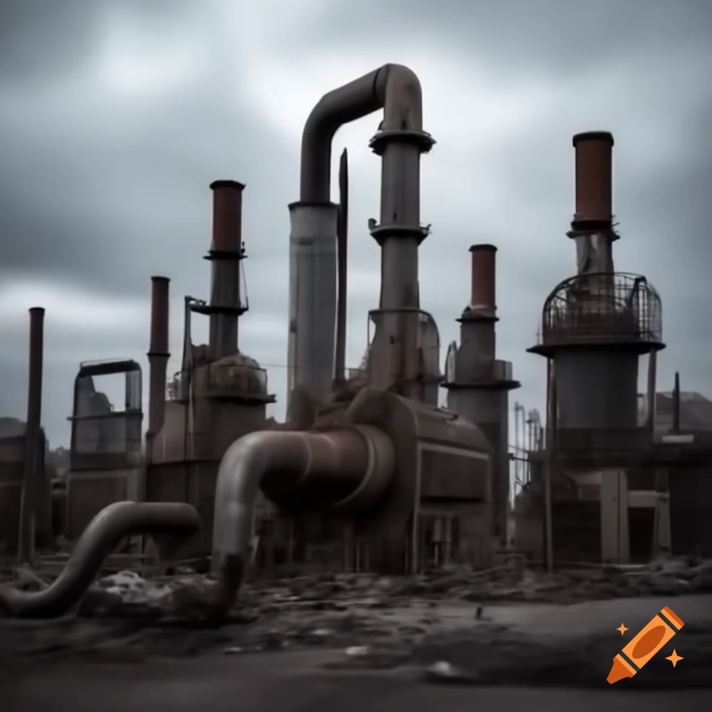 Corroded gaswork remains depicting World War Two devastation under gray sky