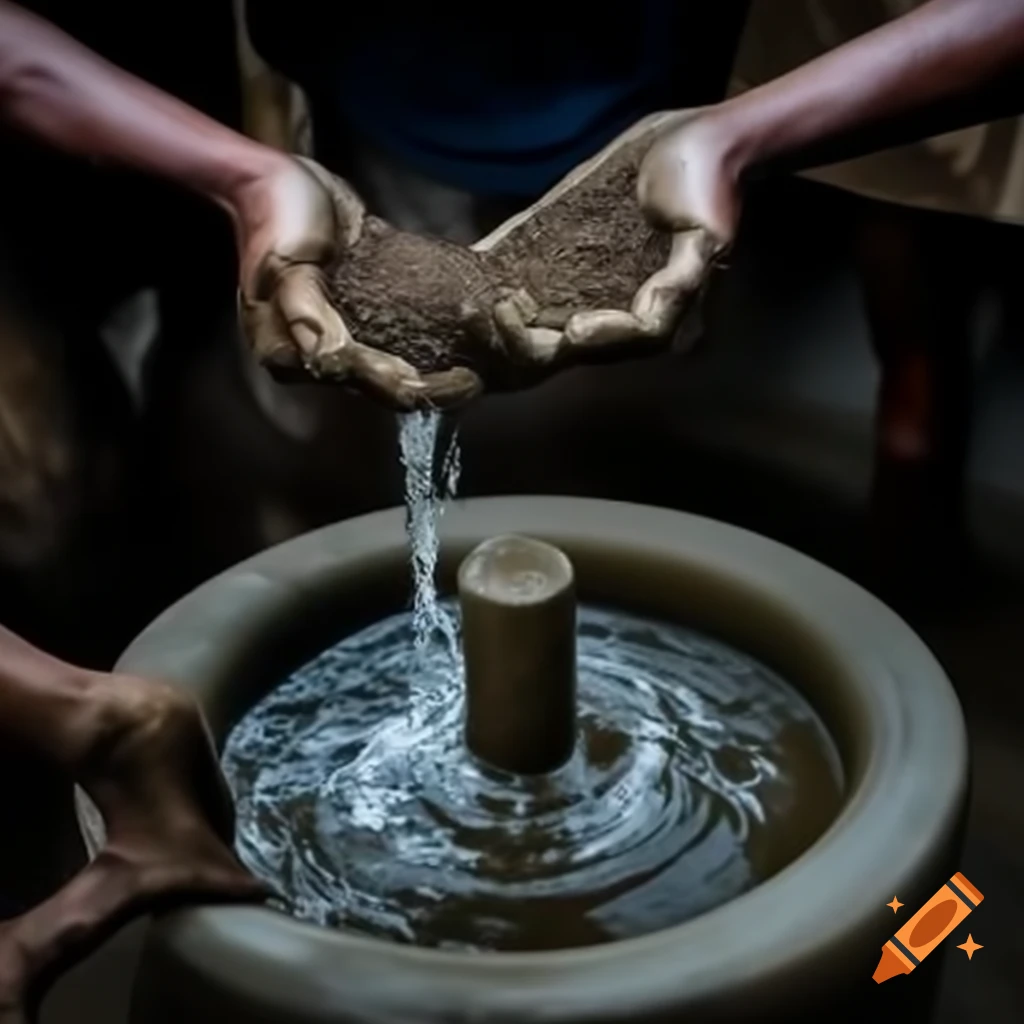 Ancient workers covering a well of water with dirt