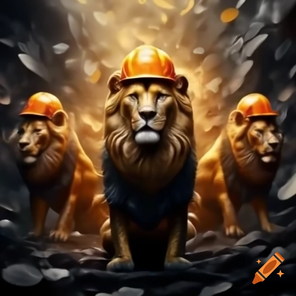 Lions wearing hard hats mining for cryptocurrency on Craiyon
