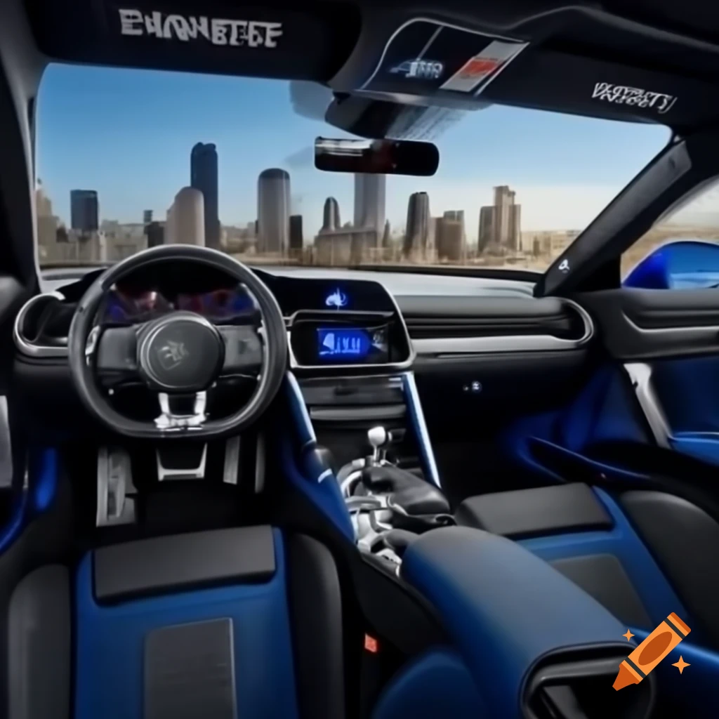 High-quality image of a blue Nismo GTR R35 with black R34 Skyline wheels and black interior with blue details, titanium exhaust