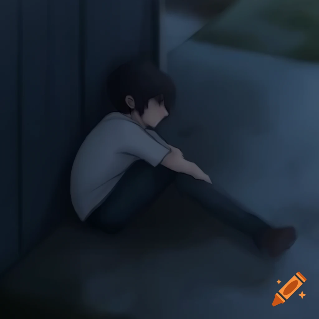 Niko from Oneshot laying on concrete floor watching rain, dark gray colors, side view