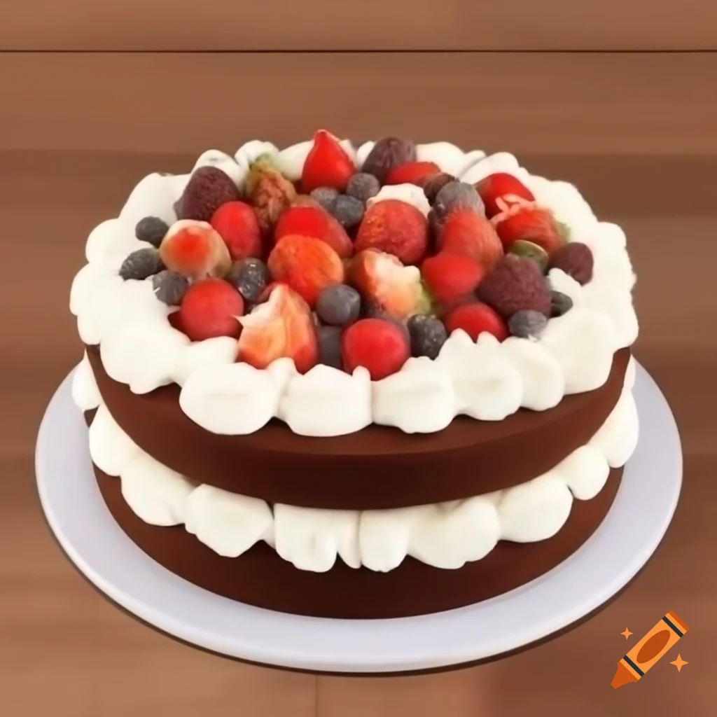 Large cake decorated with fruit, chocolate, candles, and macarons