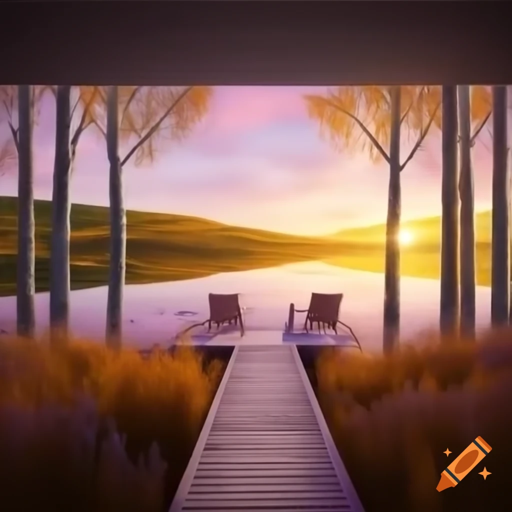 Cinematic lakeside landscape at golden hour with sunset reflections