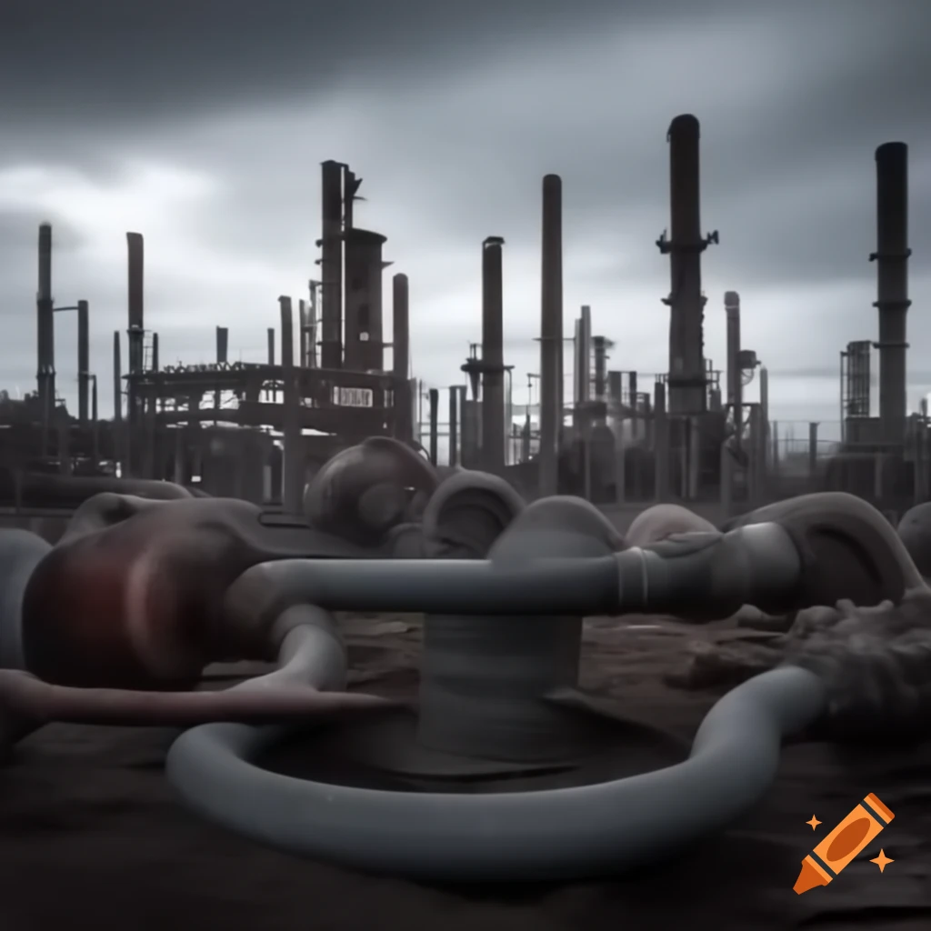 Corroded gaswork remains depicting World War Two devastation under gray sky