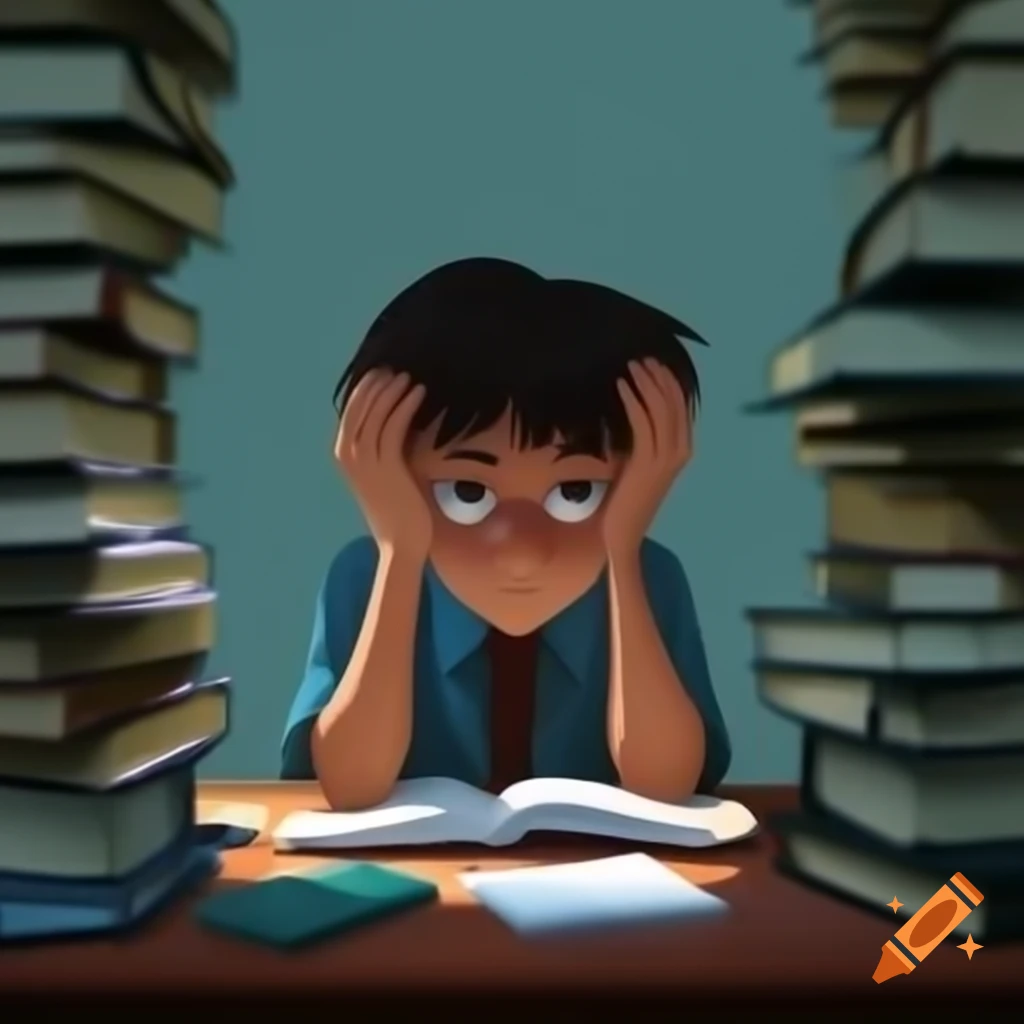 Student overwhelmed at desk with textbooks