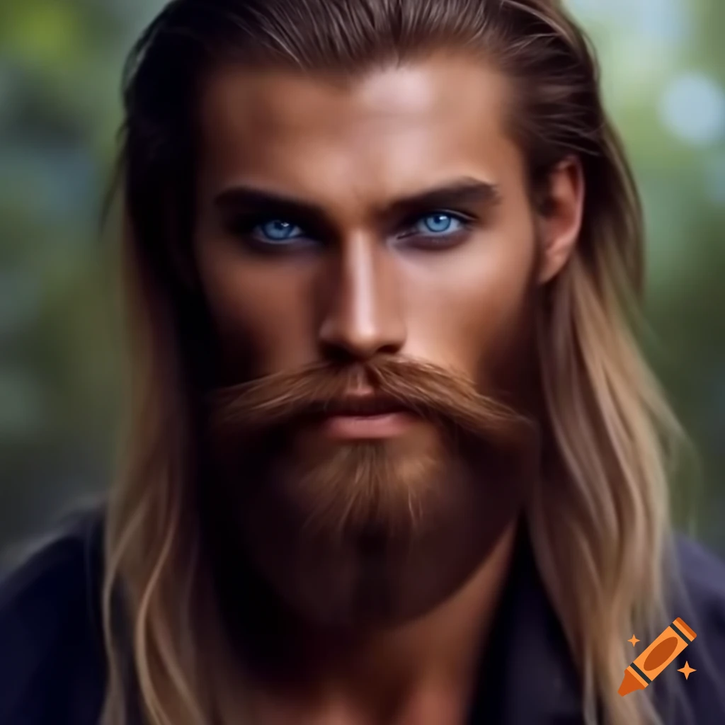 Charismatic young man with blue eyes and beard in nature on Craiyon