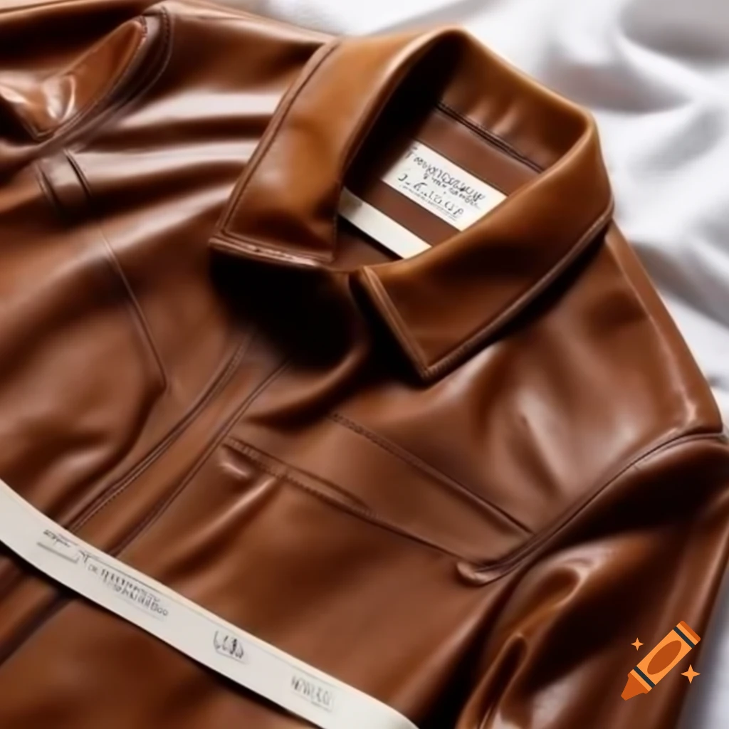 Premium brown and white leather jacket with name tag on white background