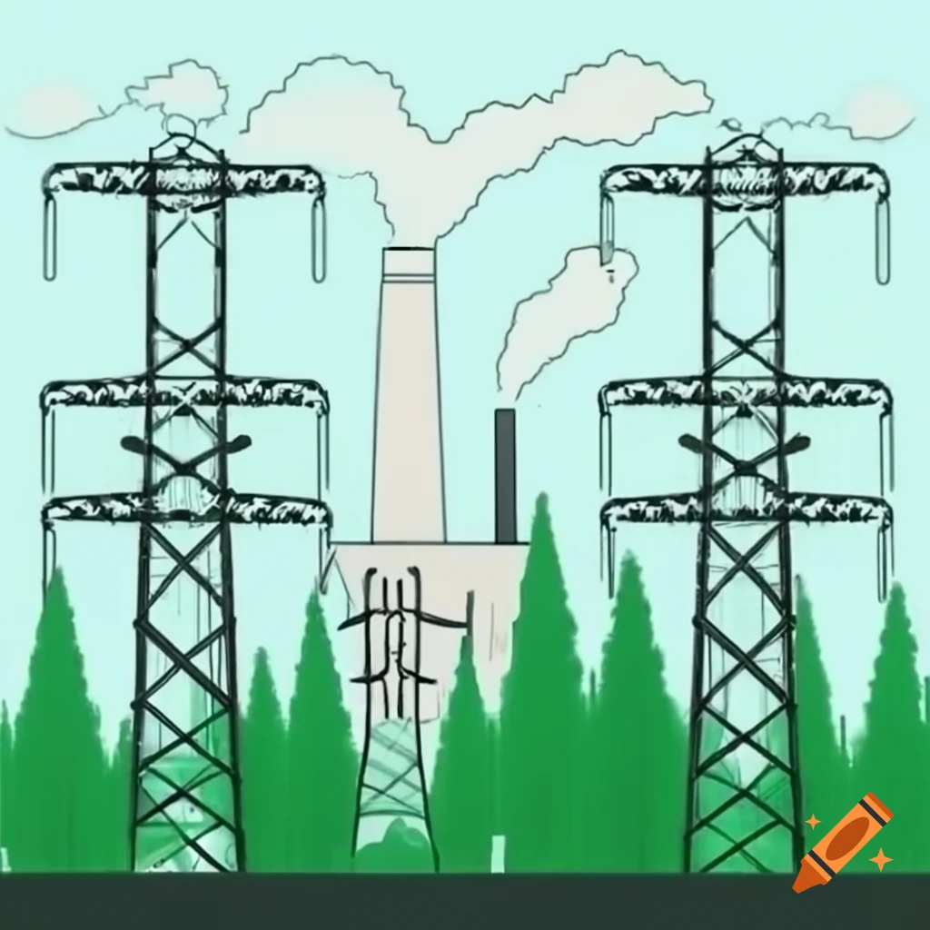 Power plant and substation with pine forest in the background