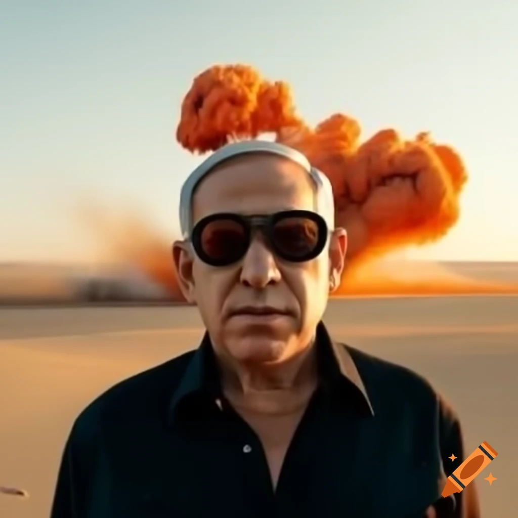 Netanyahu in sunglasses with explosion in desert background