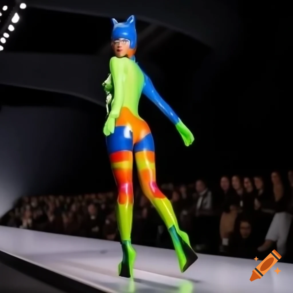Model in colorful latex catsuit posing on runway with high boots