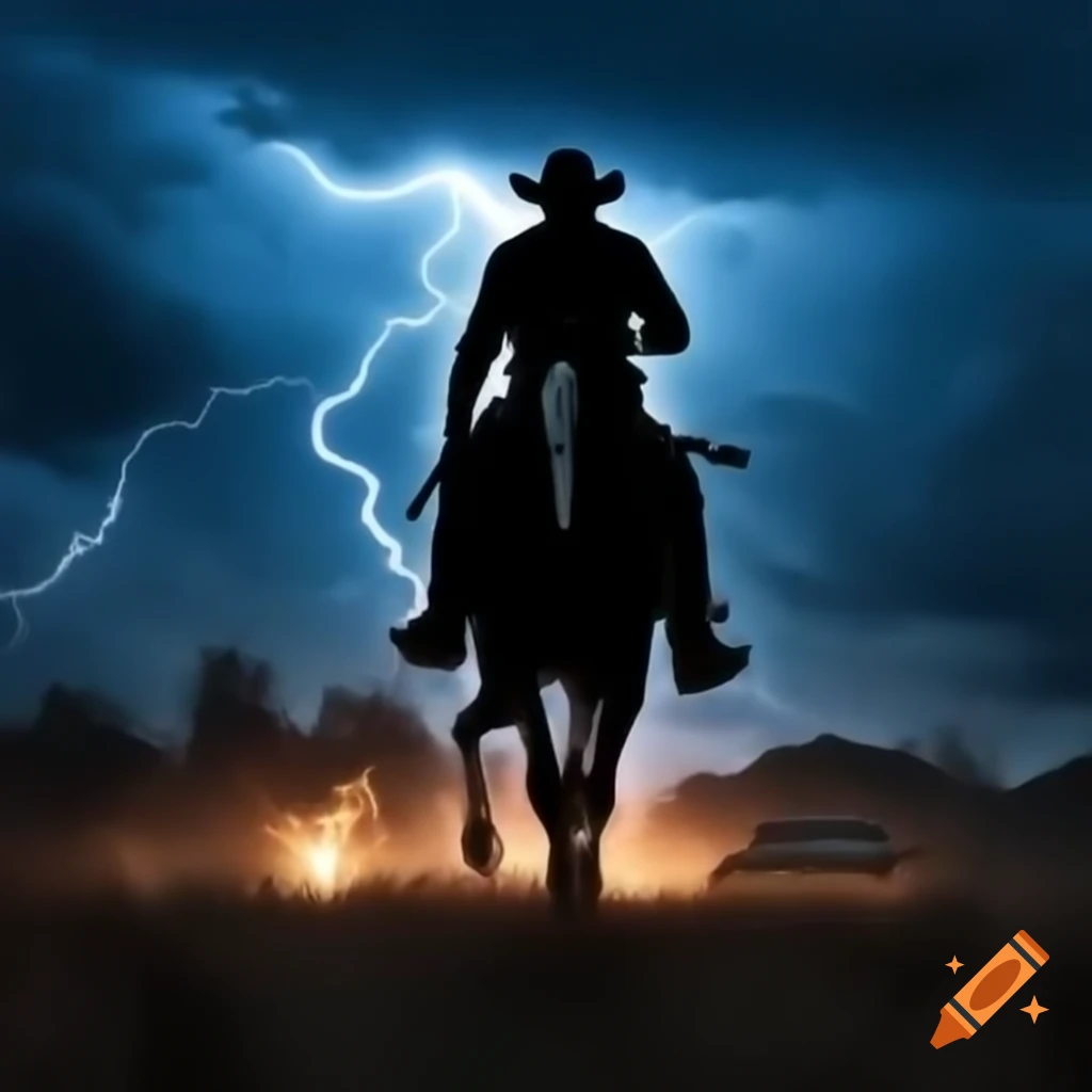 Silhouette of outlaw on horse against lightning storm