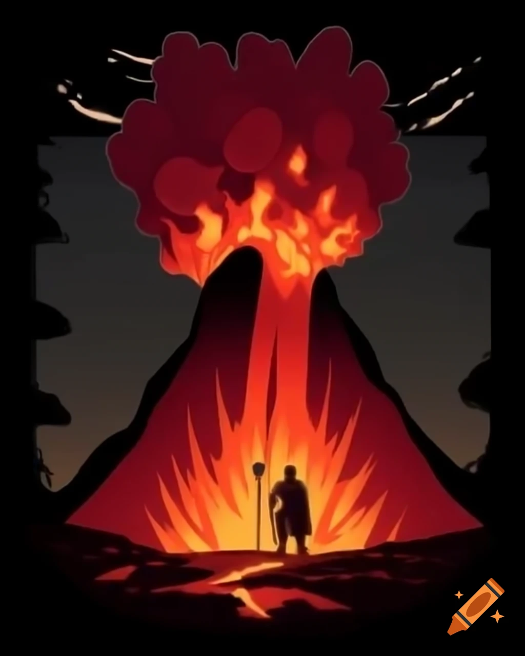 Adventurer on volcanic ridge during explosive eruption with flowing lava
