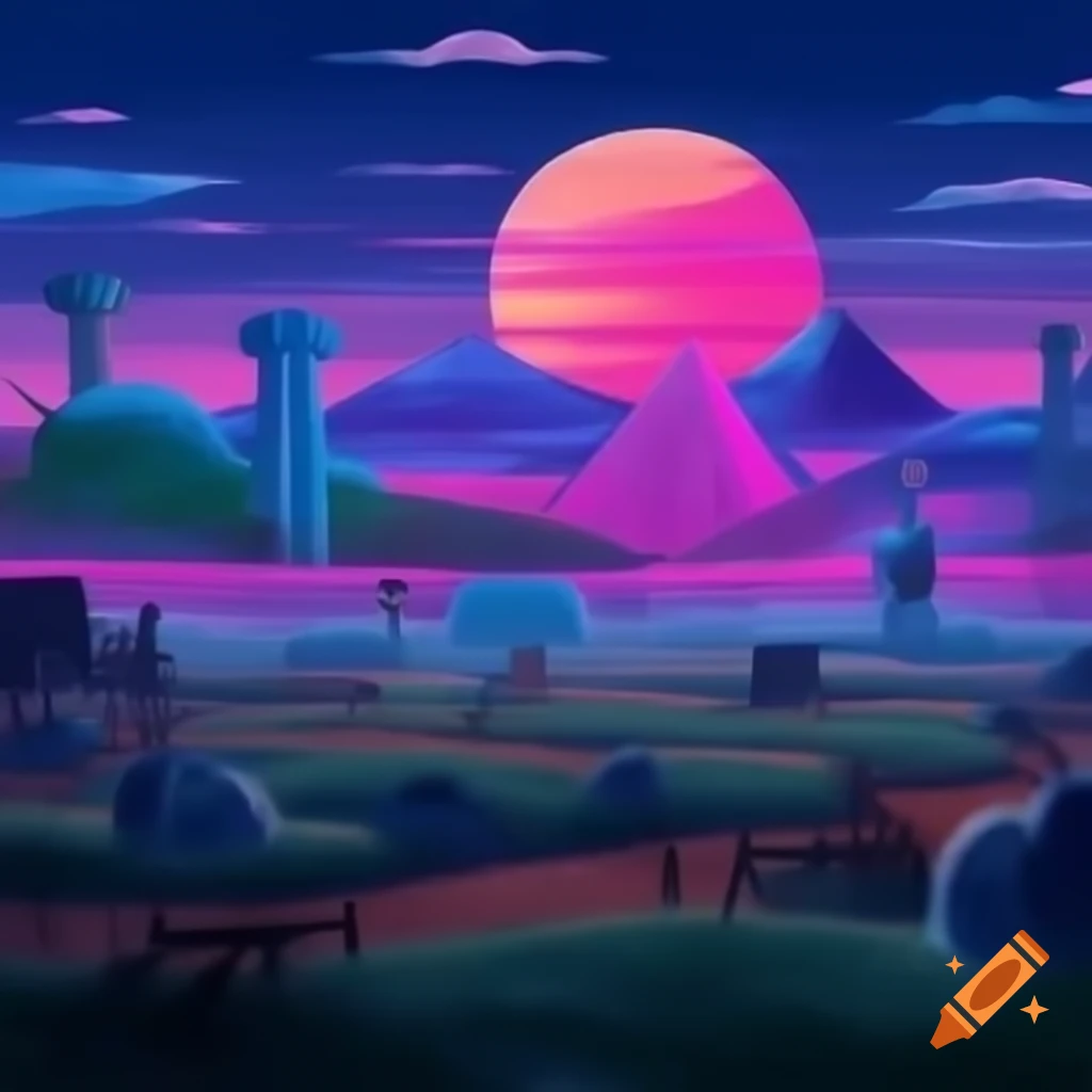 Glastonbury Tor in 90s vaporwave cartoon style