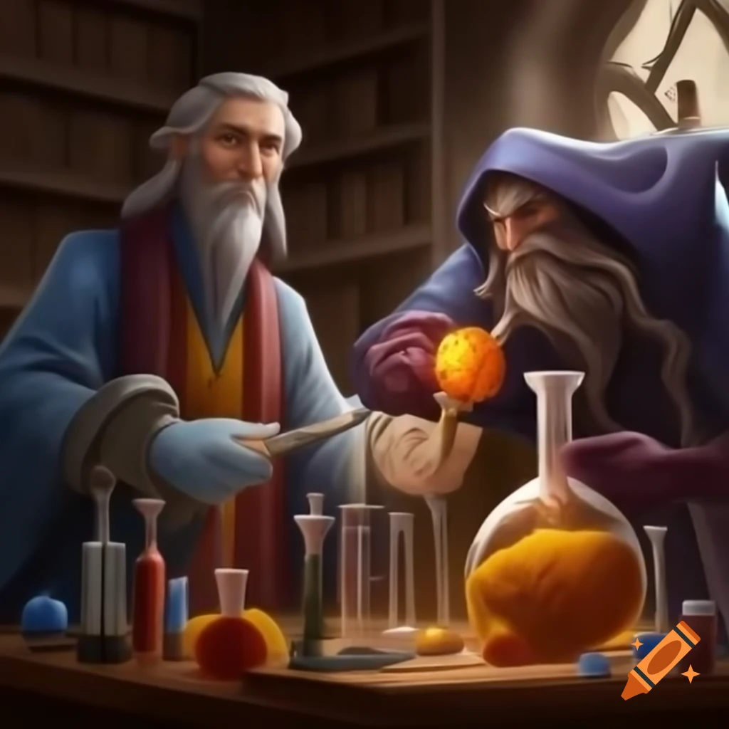 Mr. Allameh Helli and wizard alchemist in magical laboratory with library