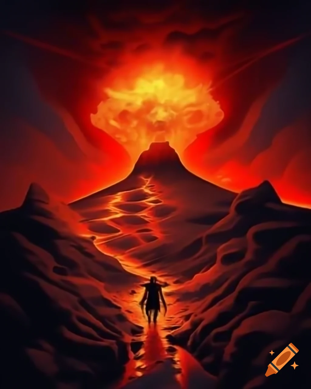 Adventurer on volcanic ridge during explosive eruption with flowing lava
