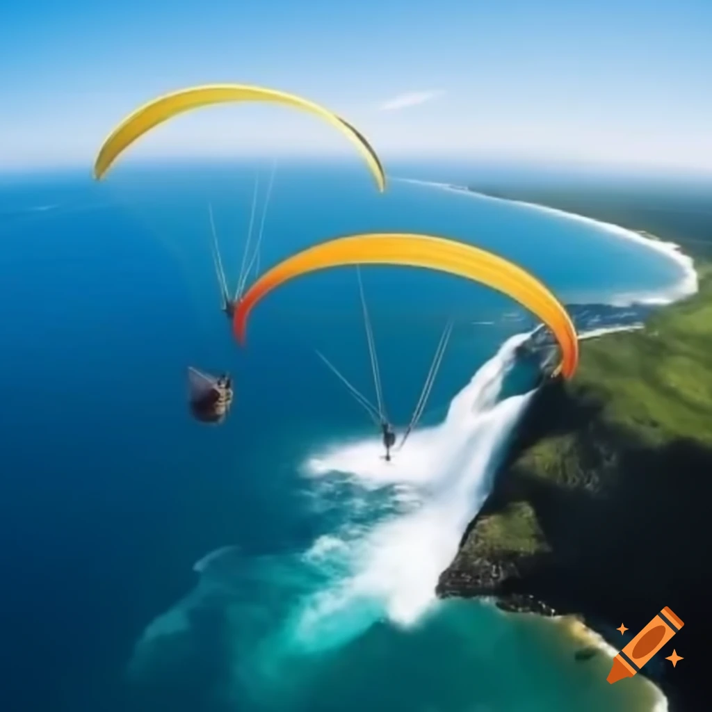 Paramotor flying over ocean falls