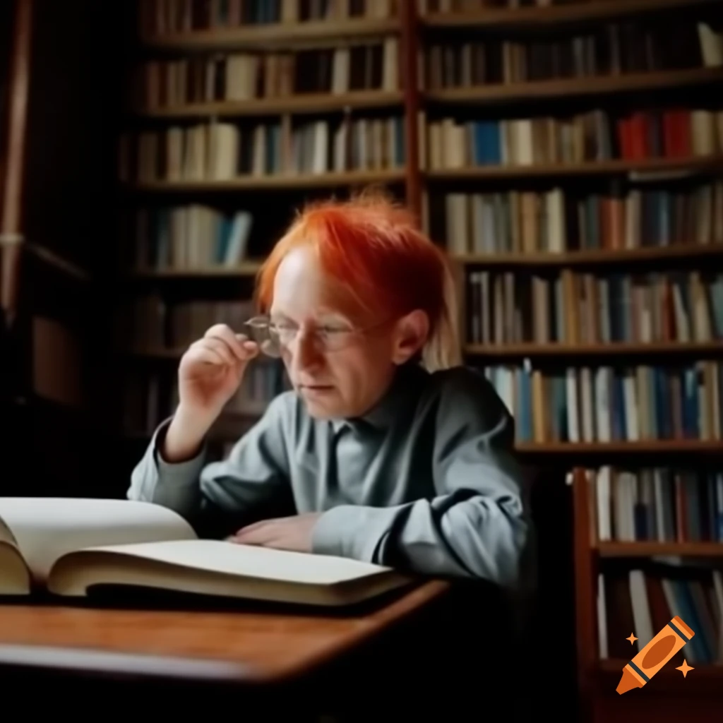 Young man with red hair working in a library