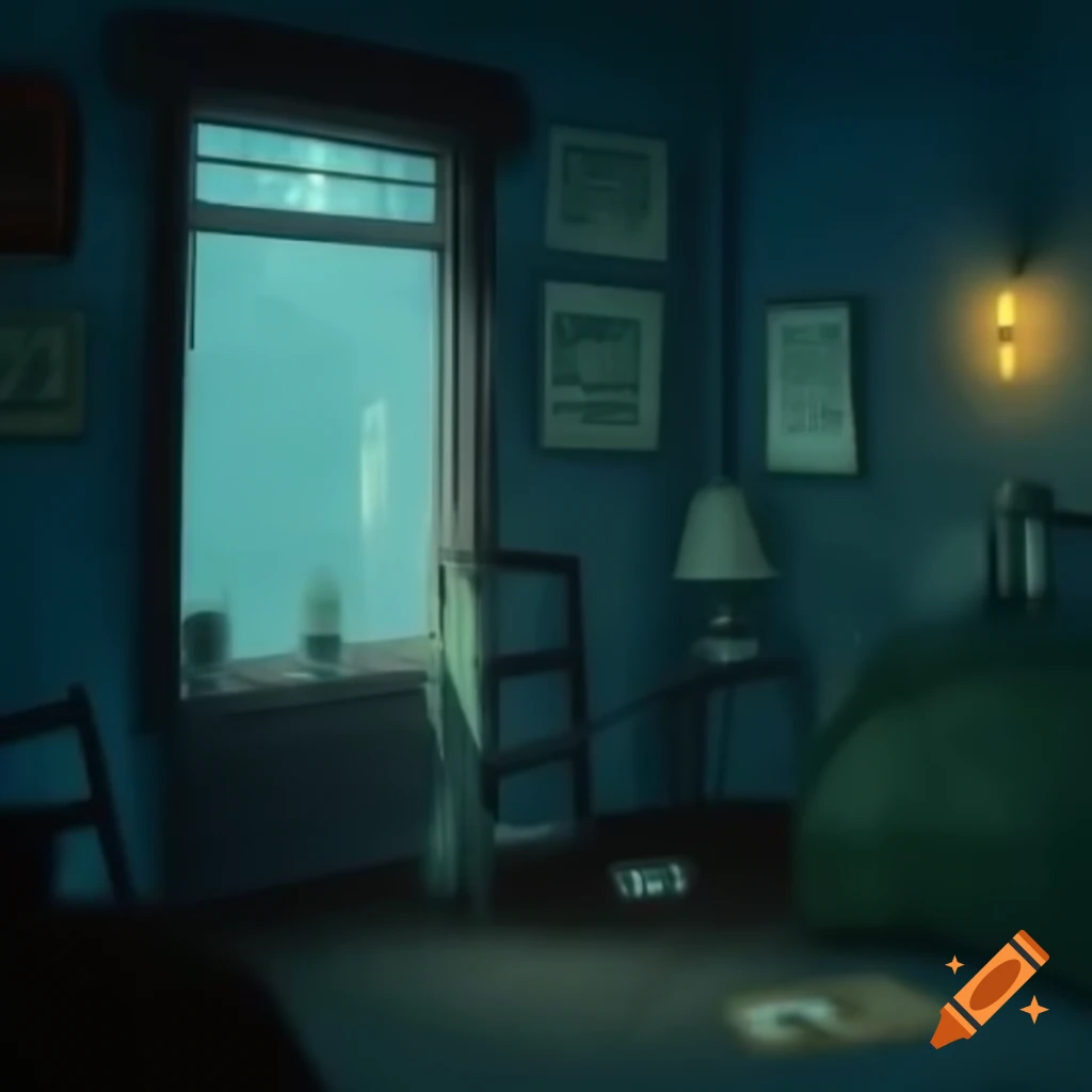 Cozy dimly lit room with vintage decor and rainy street view at night