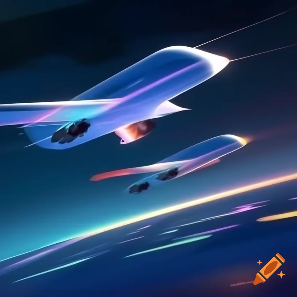 Vibrant 2D animation of aerospace industry with futuristic sky and sleek aircraft