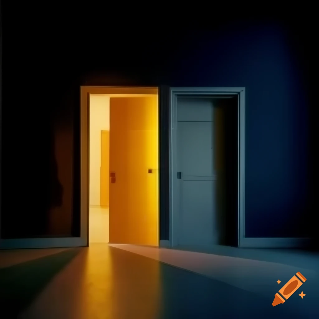 Two doors side by side symbolizing life choices, one dark wooden door in shadows