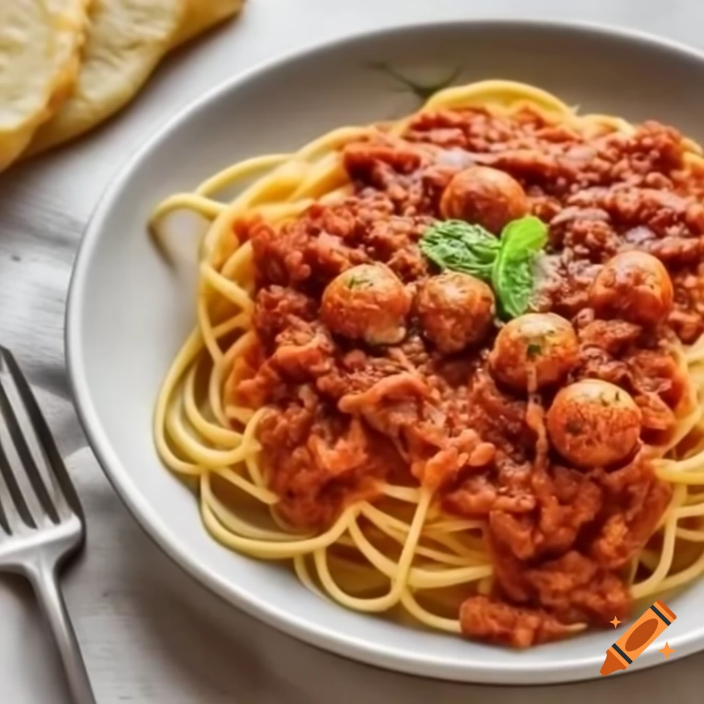 Plate of spaghetti bolognese with meatballs