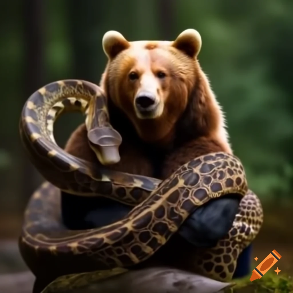 Bear interacting with a snake in a natural setting