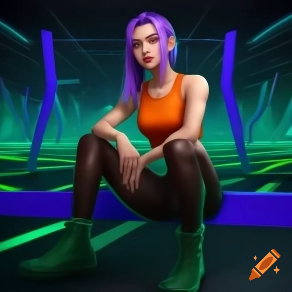 Singaporean woman with purple hair in vaporwave setting, fashionable outfit