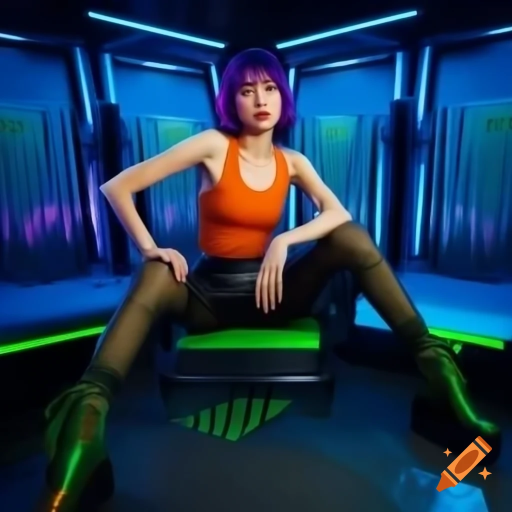 Singaporean woman with purple hair in vaporwave setting, fashionable outfit