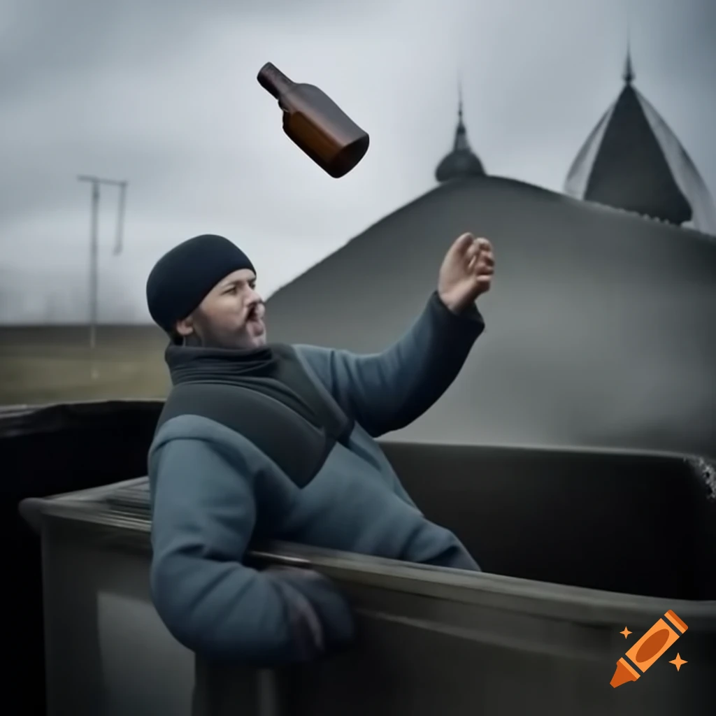 Man tossing bottle into large bin