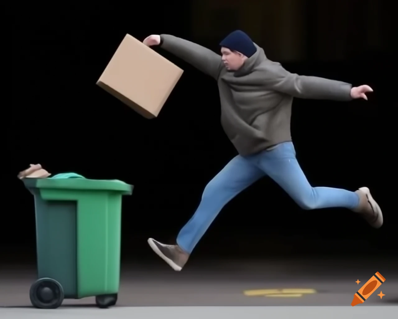 Russian man throwing small box in trash can