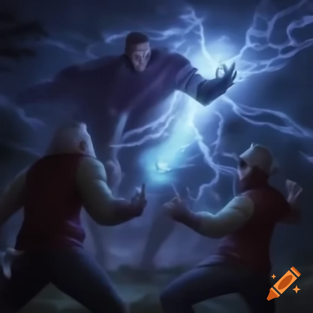 Two men combating evil spirit with magic in stormy forest on Craiyon