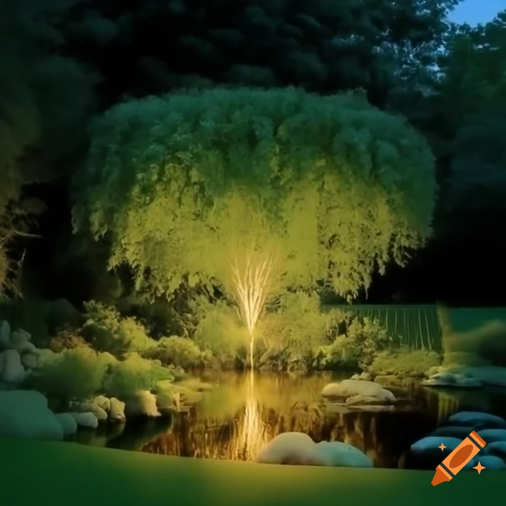 Firefly illuminating pond in a lush canopy setting