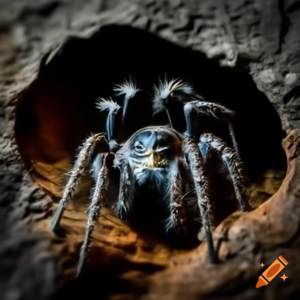 Black spider with hairy legs emerging from dark cave in rock