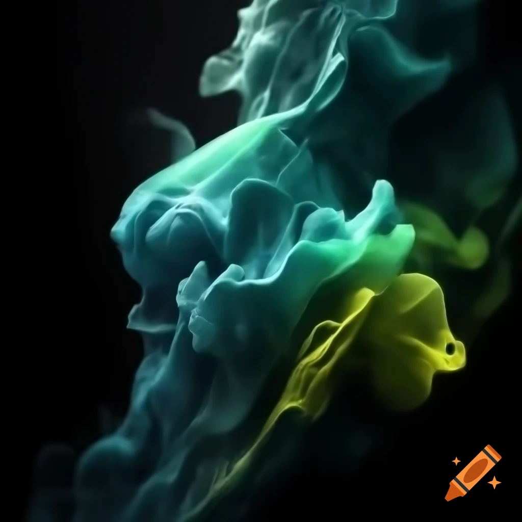 Abstract digital art of glowing thunder waves in dark green and yellow smoke