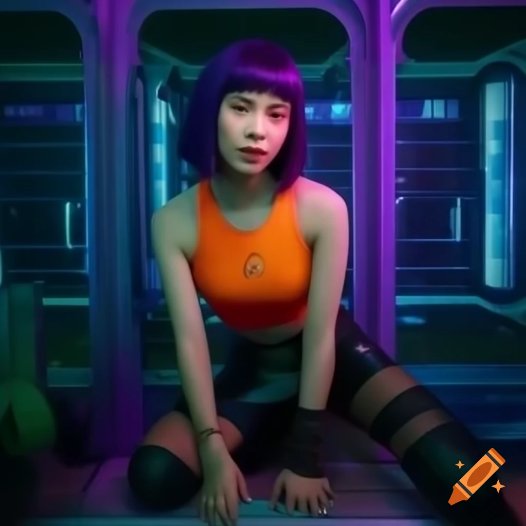 Singaporean woman with purple hair in vaporwave setting, fashionable outfit