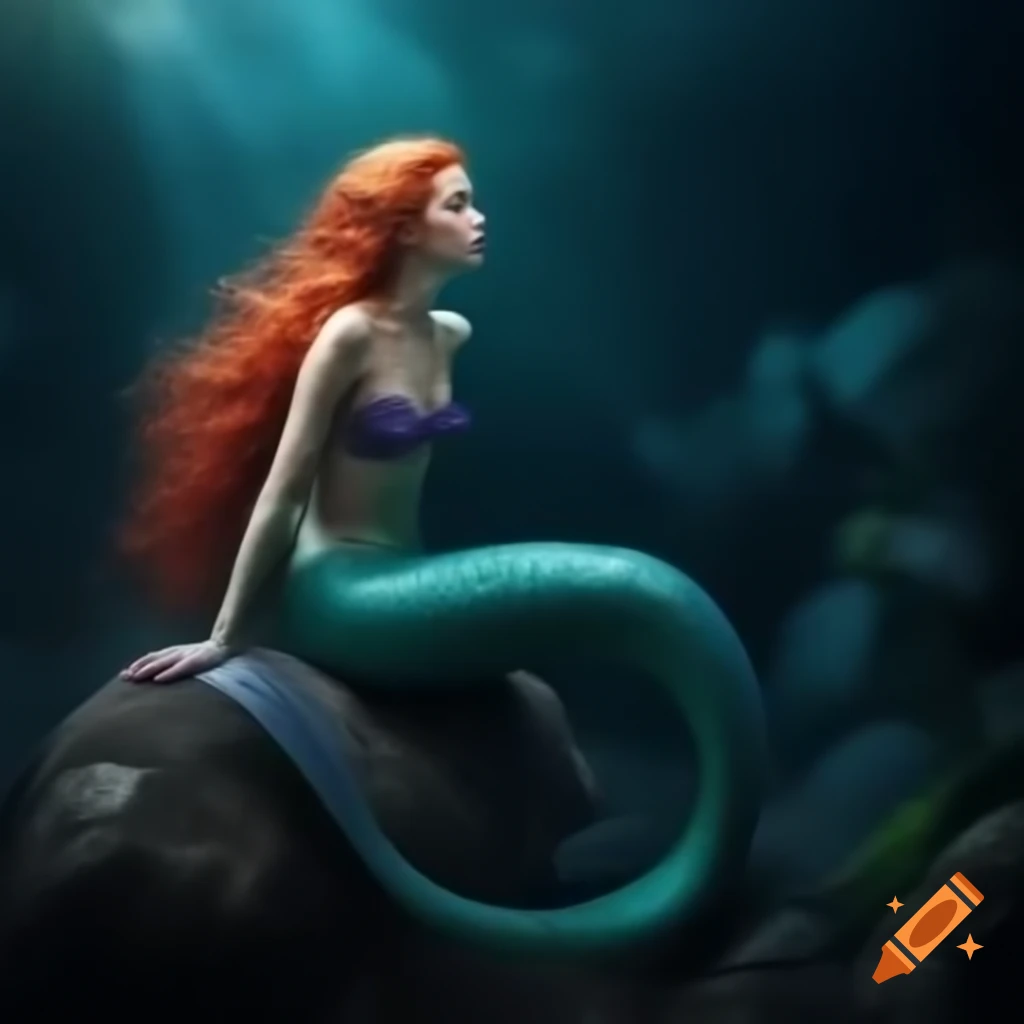 Realistic mermaid with long red hair sitting on a rock at night